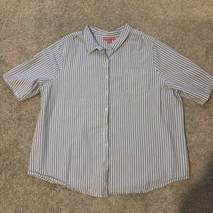 Woman Within Women's 3X Blue and White Striped Button-Down Shirt Nautical